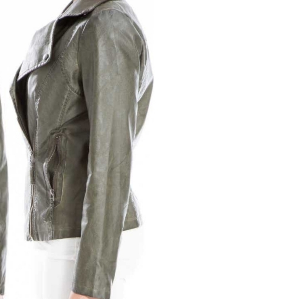 MAXSTUDIO Washed Olive Faux Leather Moto Jacket Size XS - Picture 2 of 14